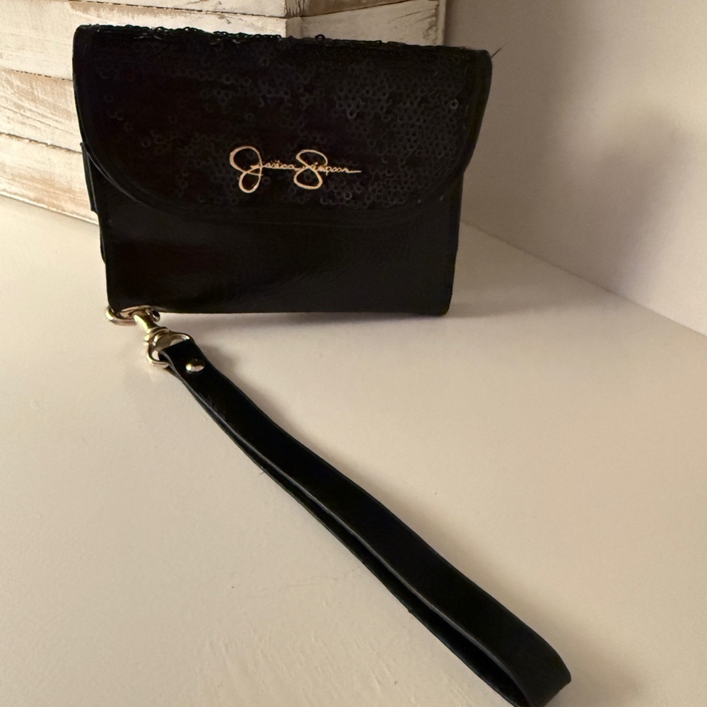 Jessica Simpson Black Part Sequin Trifold Wallet with Gold Hardware. Vintage Y2K